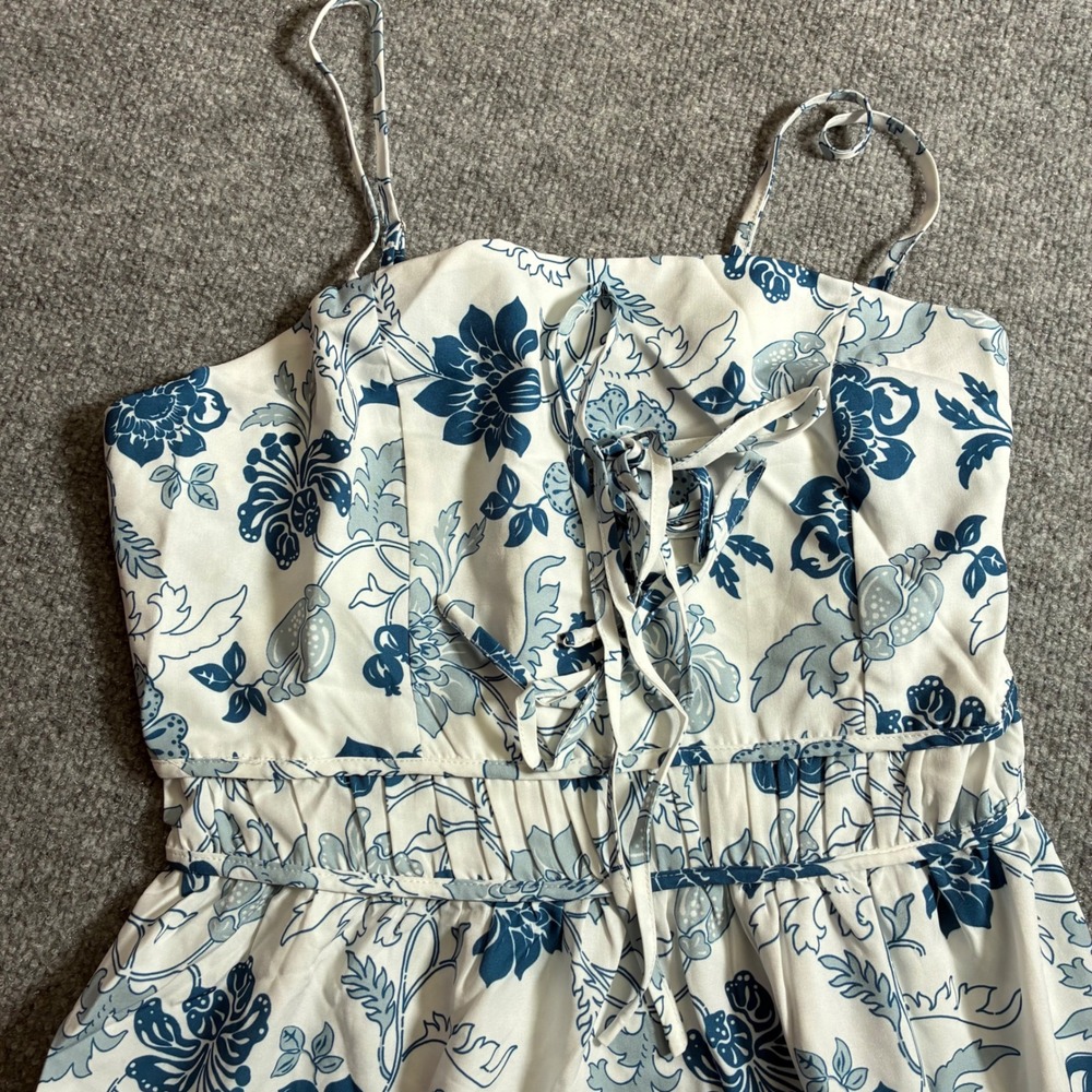 Cupshe Floral Maxi Dress Womens M Blue White Ruched Slip Boho NEW - Picture 5 of 11